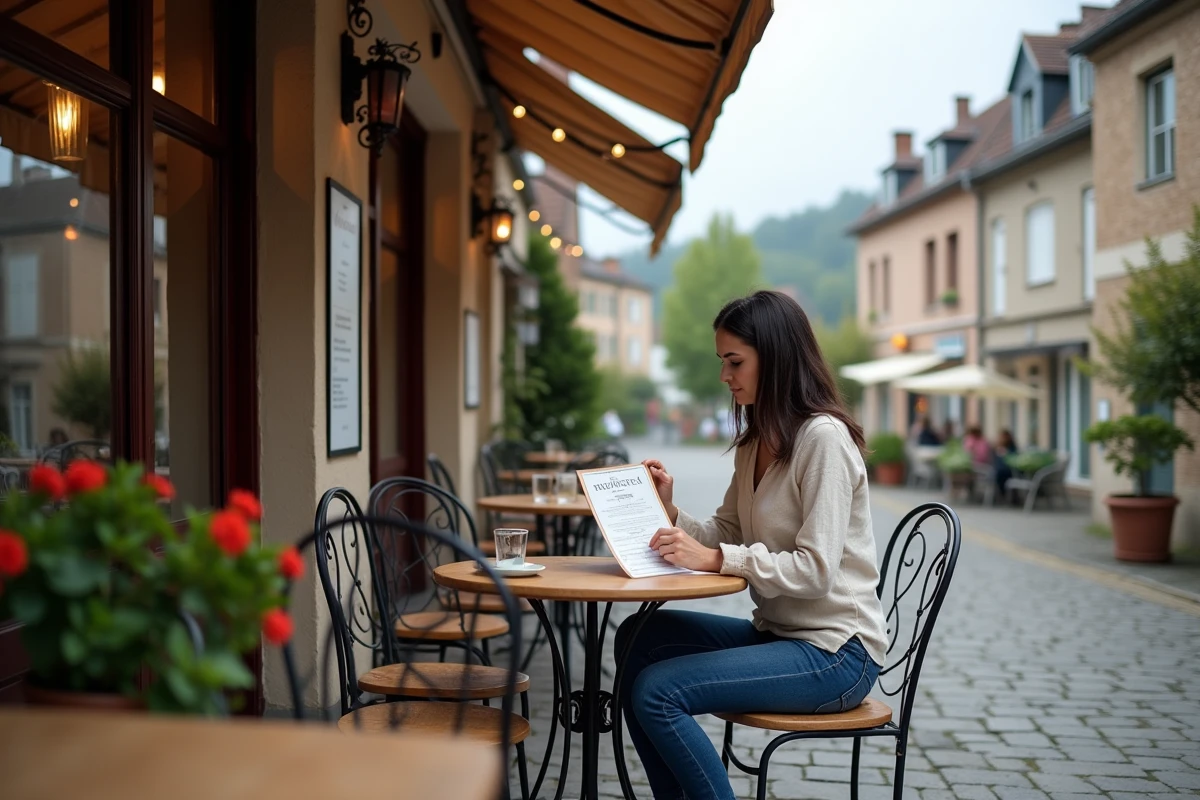 Femme consultant la carte d'une brasserie en terrasse dans le village de Saralbe en Moselle