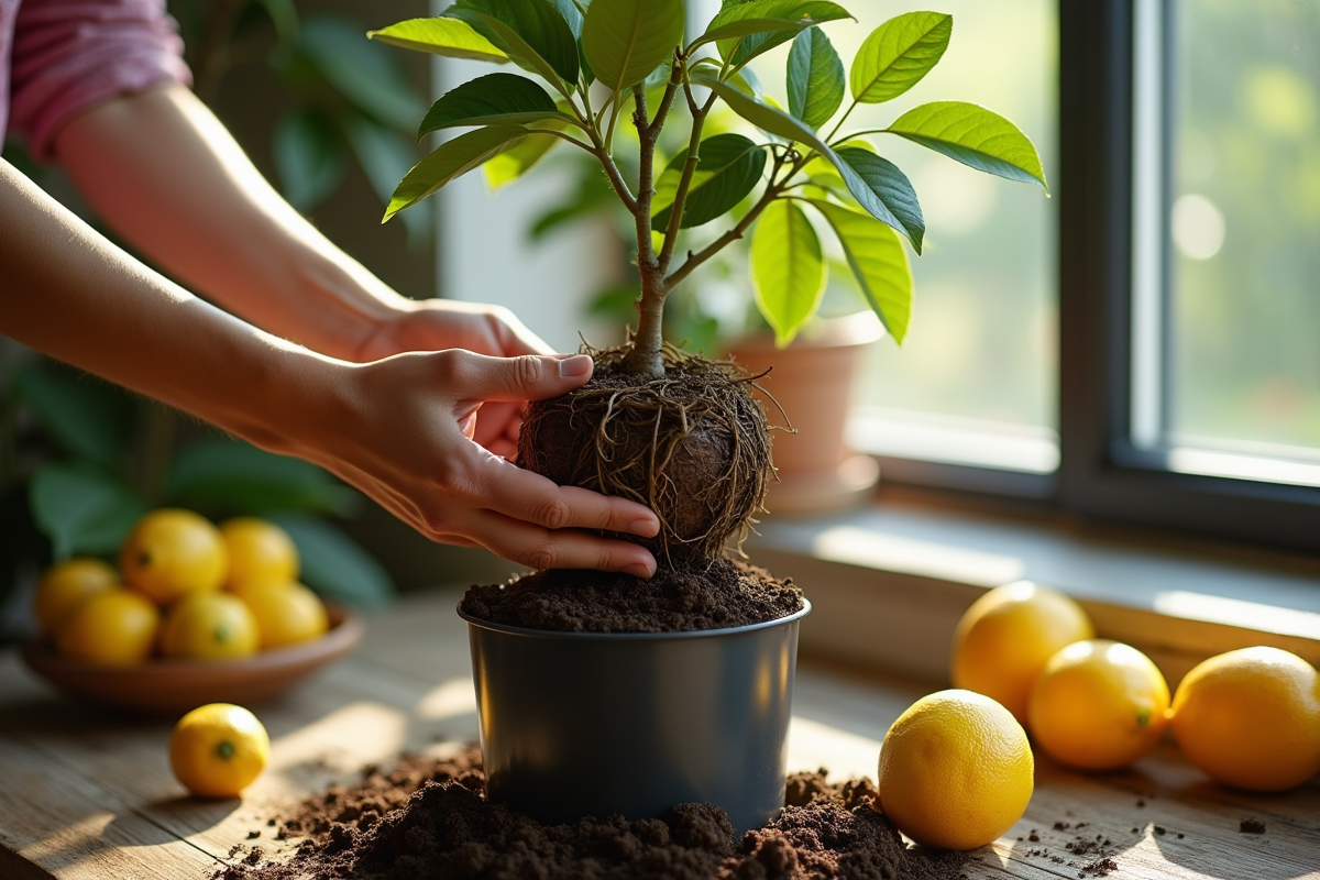 Mains plaçant la boule de racines d un citron dans un pot
