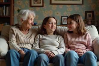 Trois générations de femmes assises sur un canapé familial