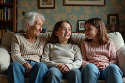 Trois générations de femmes assises sur un canapé familial