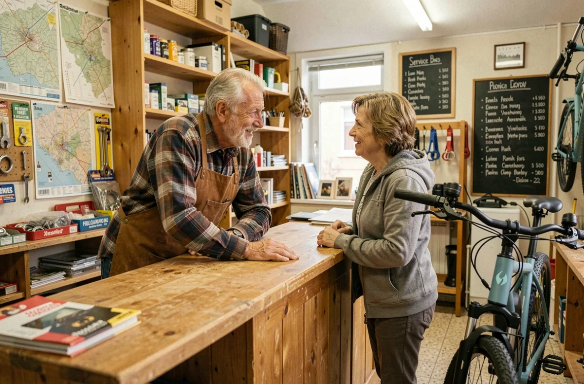 Propriétaire d'un vélociste indépendant du 93 conseillant chaleureusement une cliente de proximité dans sa petite boutique