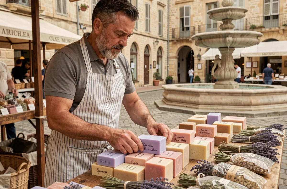 Vendeur de savons artisanaux et herbes de Provence sur un étal du marché d'Aix-en-Provence avec façades en pierre en arrière-plan