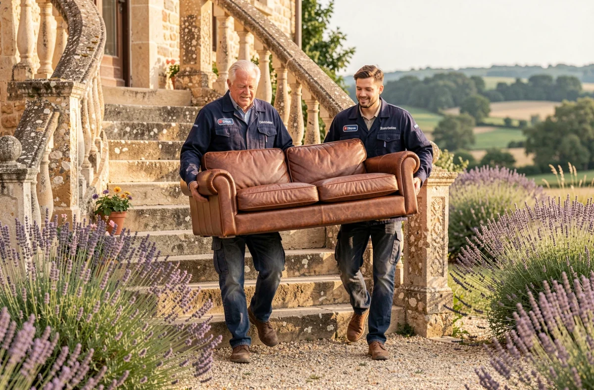 Duo père et fils de Verlingue Et Fils transportant un canapé en cuir dans un mas provençal de la Drôme