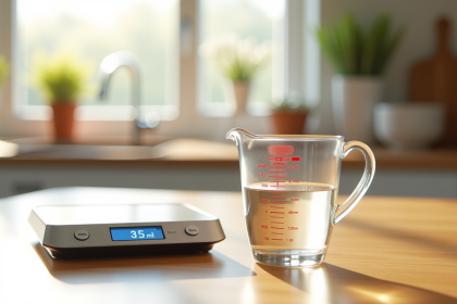 Verre mesure 250 ml et balance de cuisine sur plan de bois