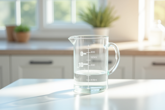 Verre mesureur rempli à 600 ml sur plan de travail blanc