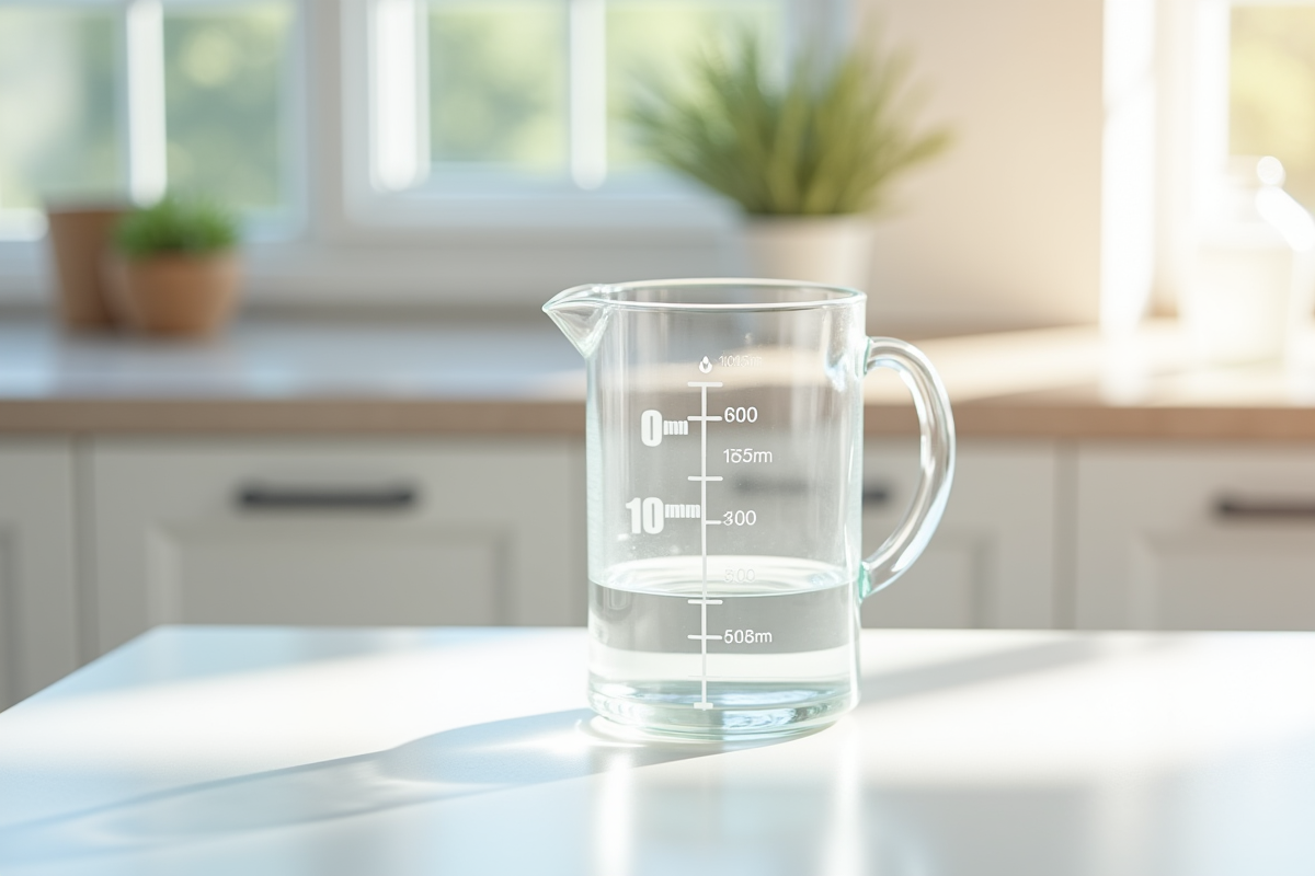 Verre mesureur rempli à 600 ml sur plan de travail blanc