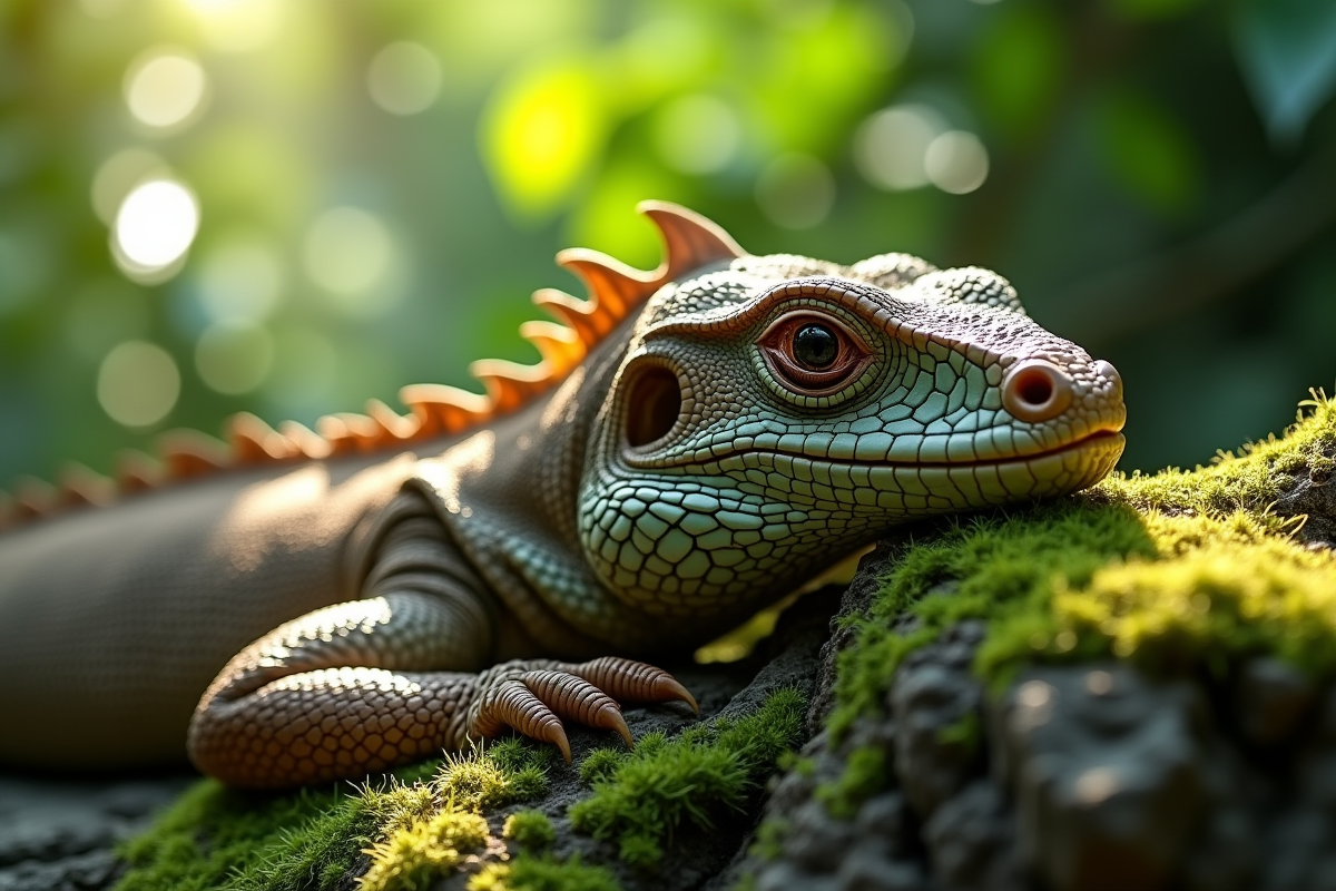 Face de dragon de komodo repose sur des rochers verts