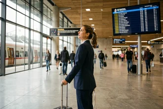 Voyageuse en gare de Toulouse-Matabiau consultant le tableau des départs de trains