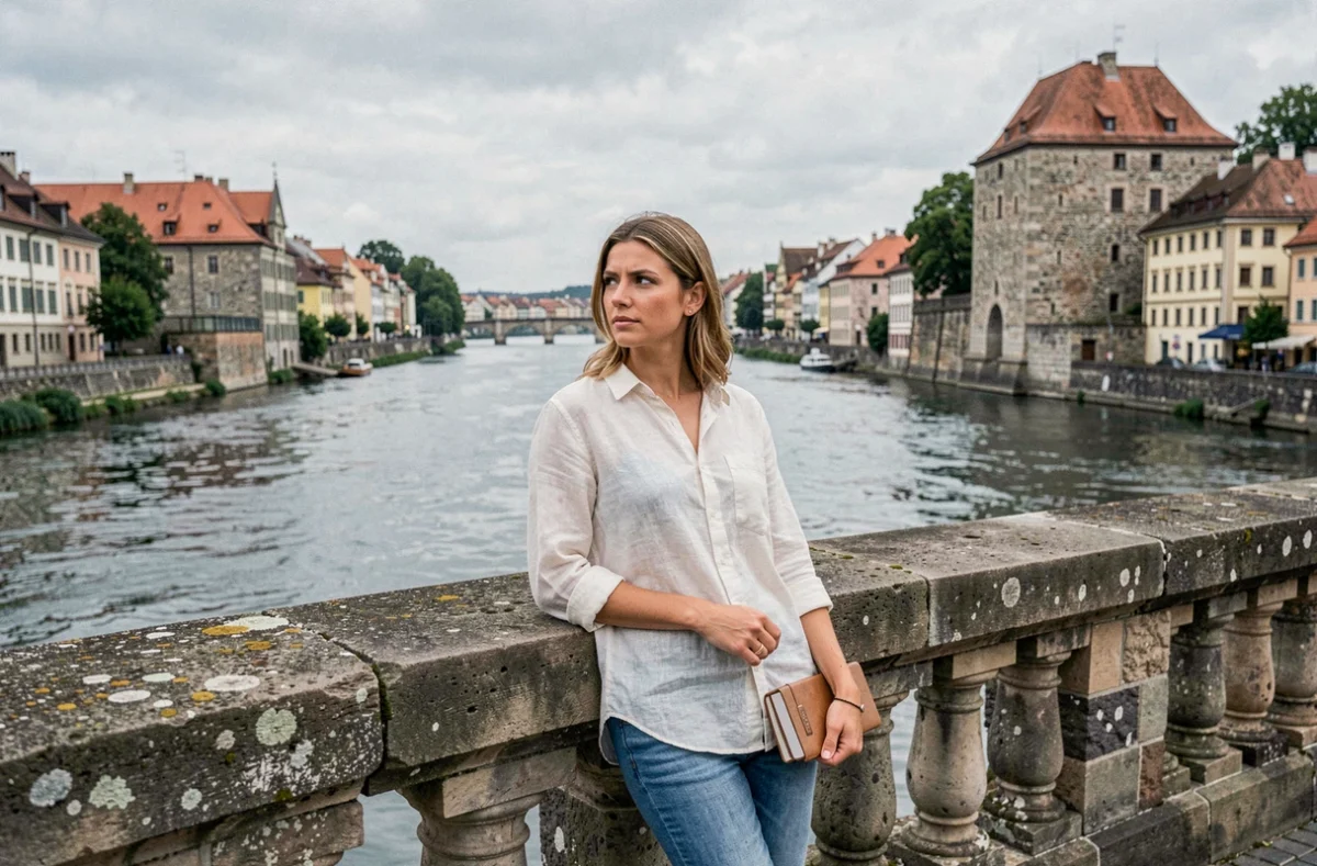 Voyageuse contemplant le Danube depuis un pont historique dans une ville d'Europe centrale